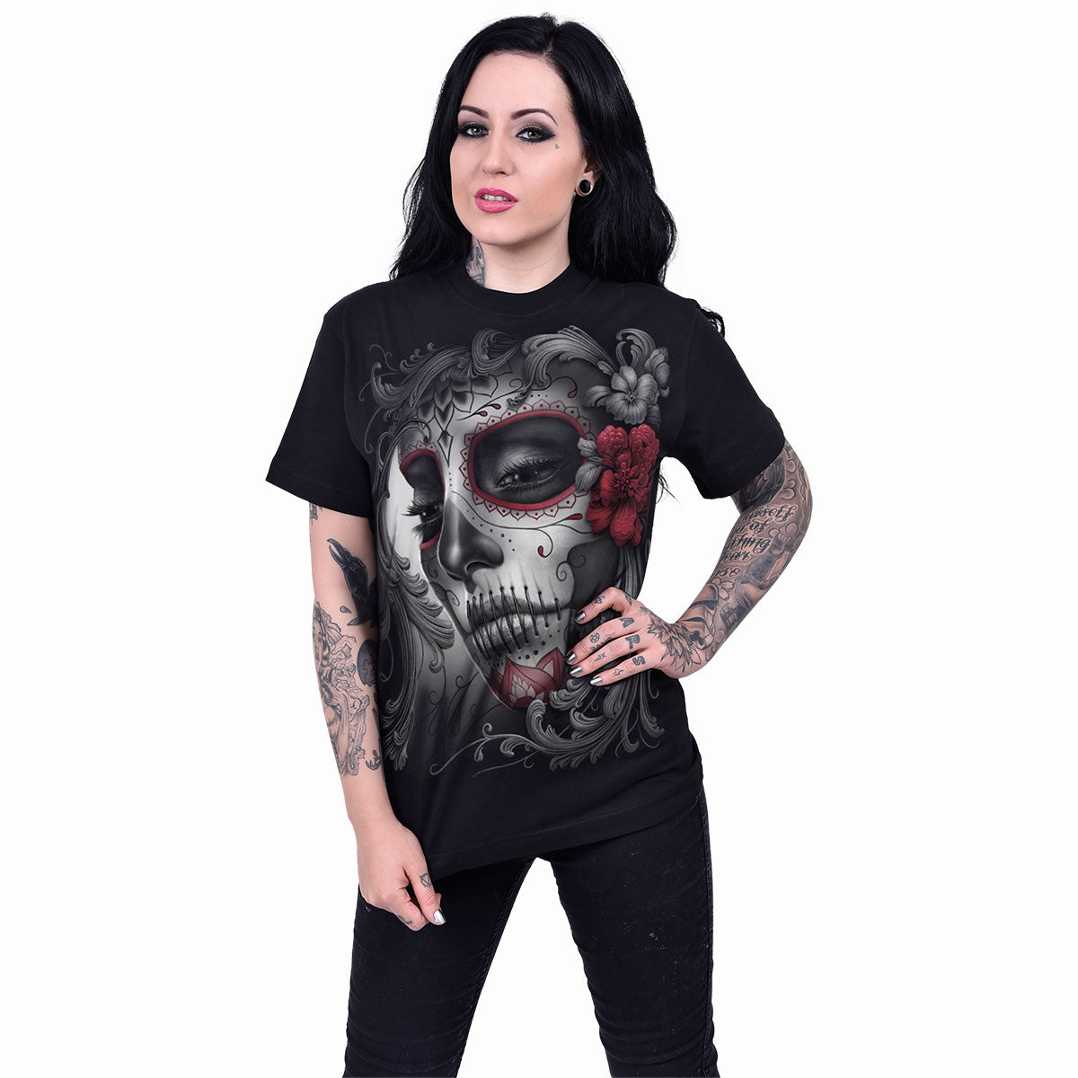 SKULL ROSES - Front Print T-Shirt Black