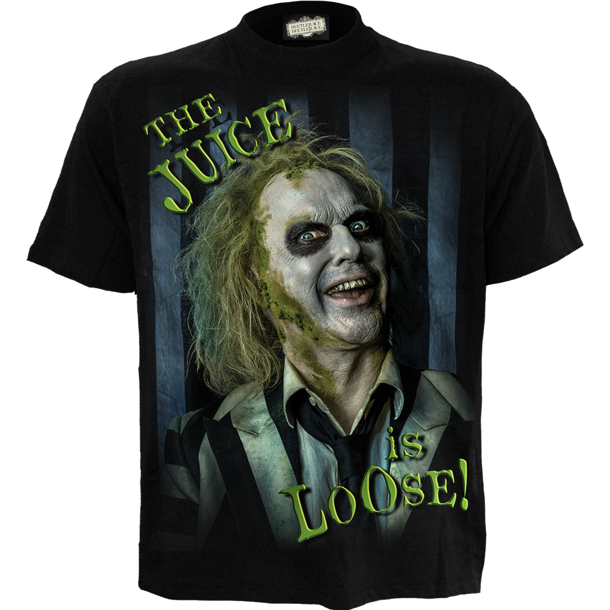beetlejuice dress shirt Adult Striped Logo Beetlejuice Shirt | Beetlejuice Apparel | Adult | Adult | XS | Black/Green/White
