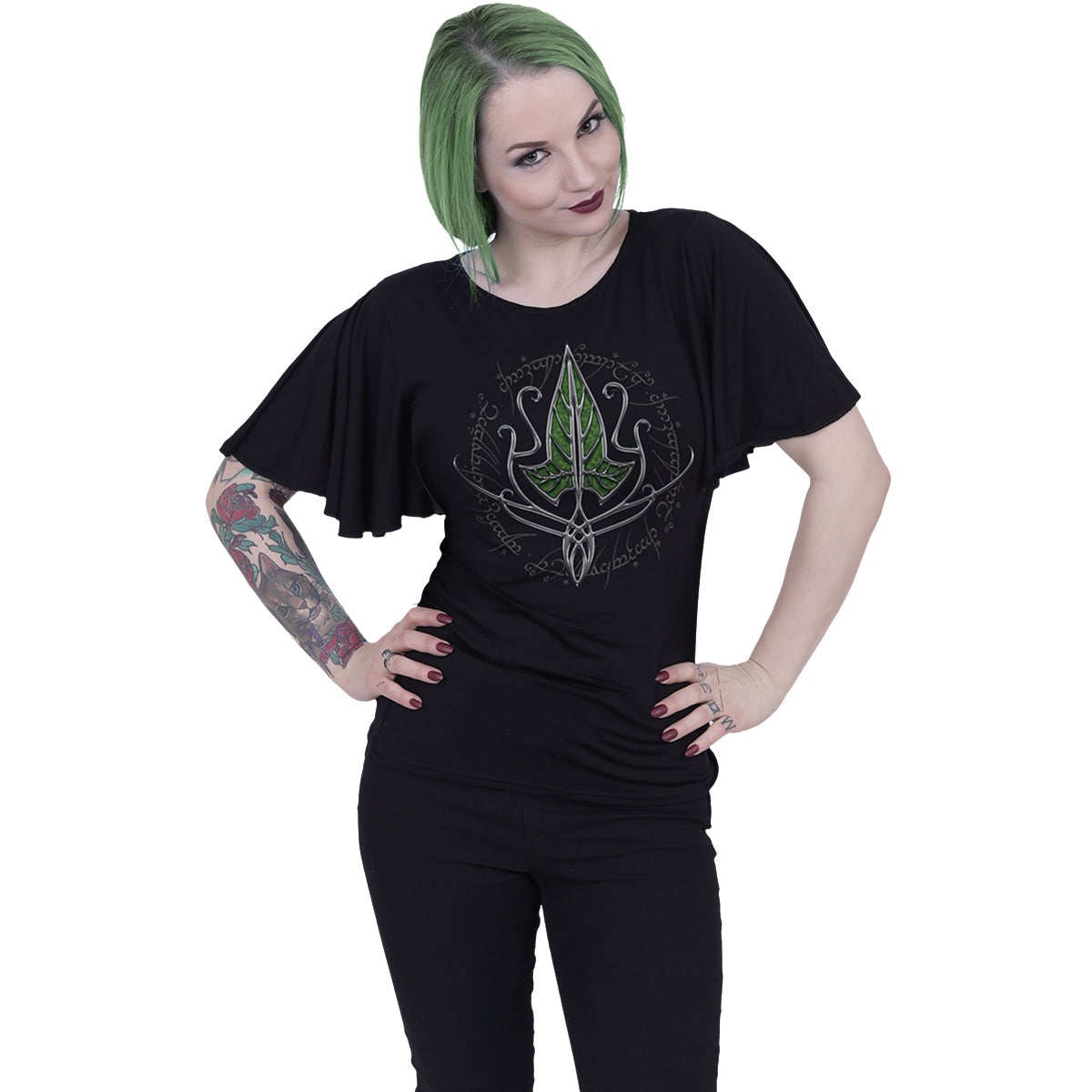 LOTR - FRODO LEAF - Boat Neck Bat Sleeve Top Black