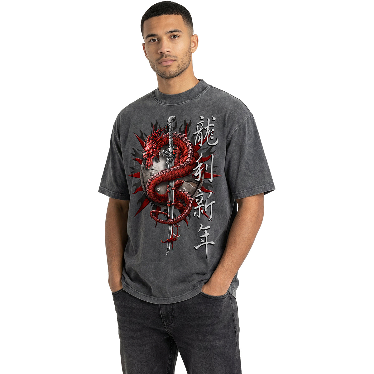 ORIENTAL DRAGON - Box T-Shirt Acid Wash Charcoal
