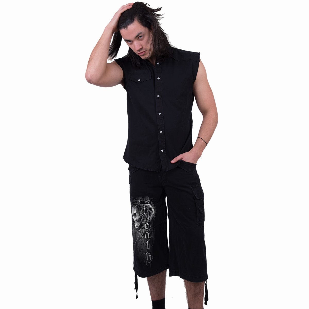 DEATH FOREVER - Vintage Cargo Shorts 3/4 Long Black - Spiral USA