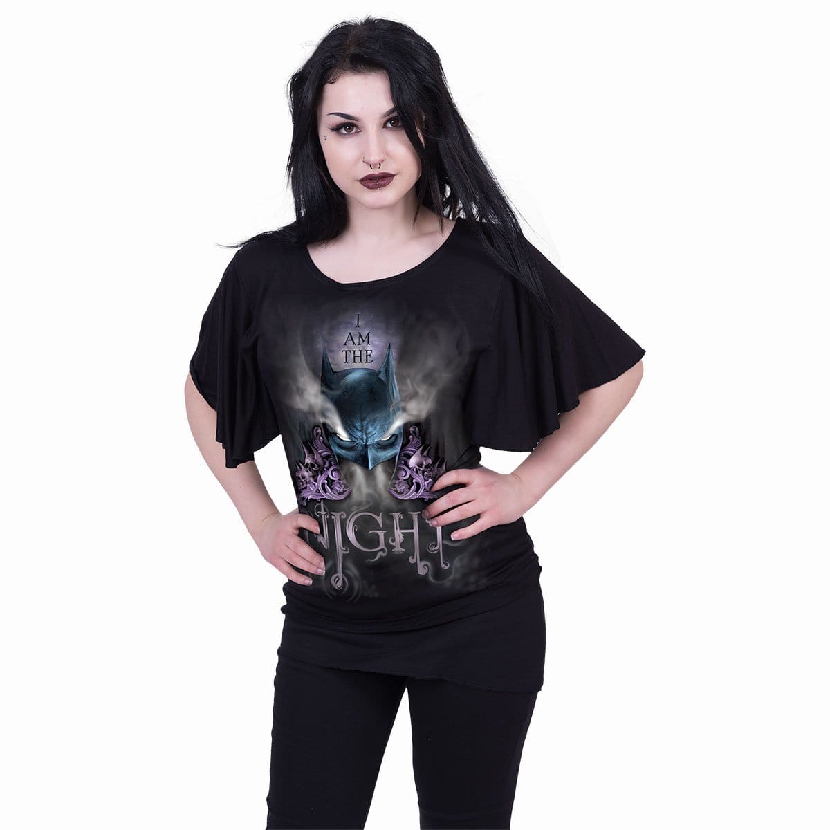 BATMAN - I AM THE NIGHT - Boat Neck Bat Sleeve Top Black - Spiral USA
