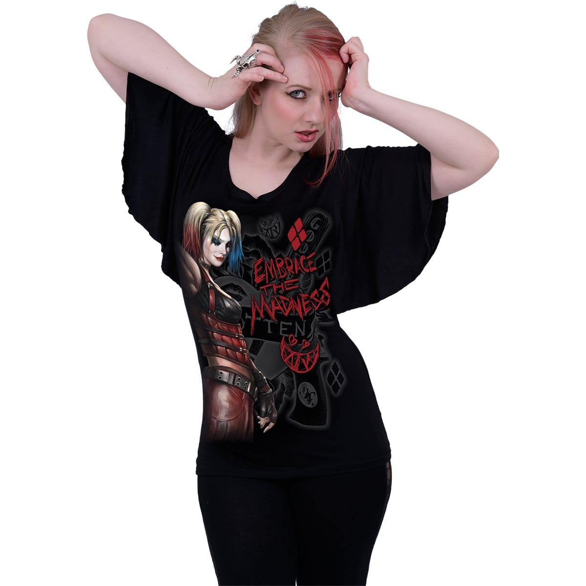 HARLEY QUINN - EMBRACE MADNESS - Boat Neck Bat Sleeve Top Black - Spiral USA