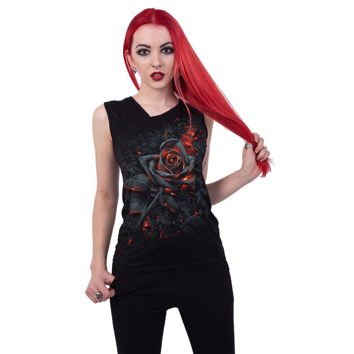 BURNT ROSE - Gathered Shoulder Slant Vest Black - Spiral USA