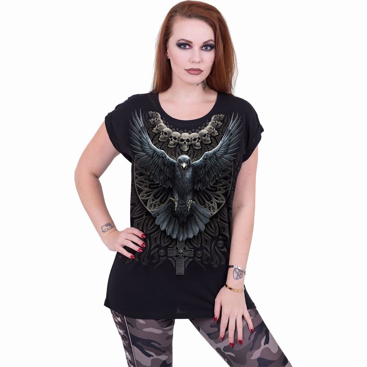 RAVEN SKULL - Turnup Sleeve Loosefit Tee - Spiral USA