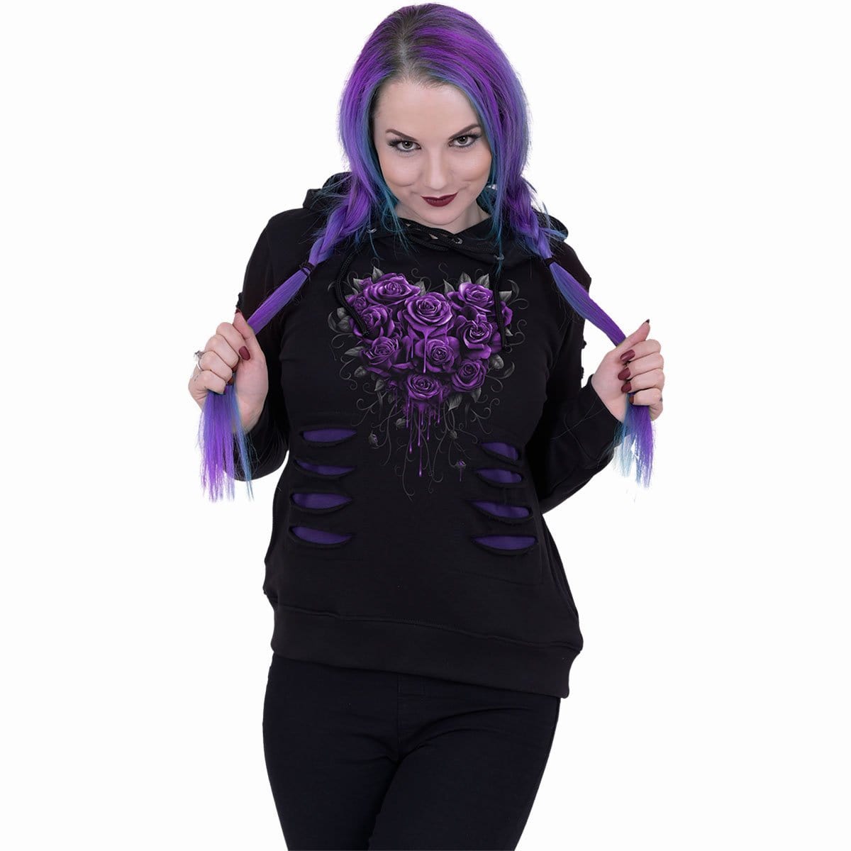 BLEEDING HEART - Large Hood Ripped Hoody Purple-Black - Spiral USA