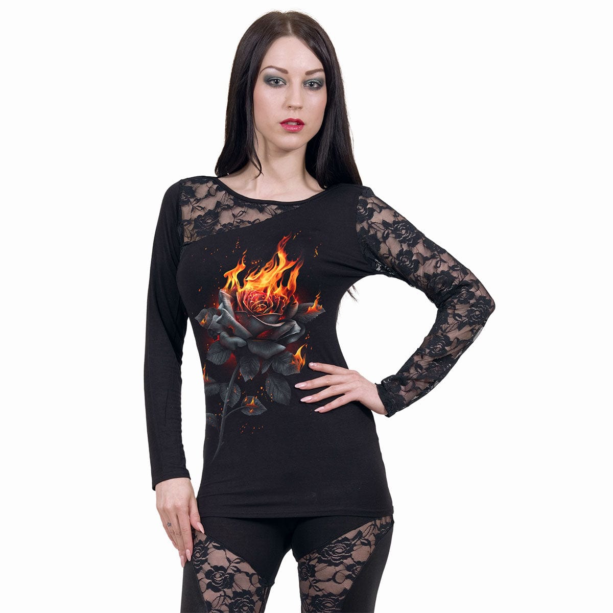 FLAMING ROSE - Lace One Shoulder Top Black - Spiral USA