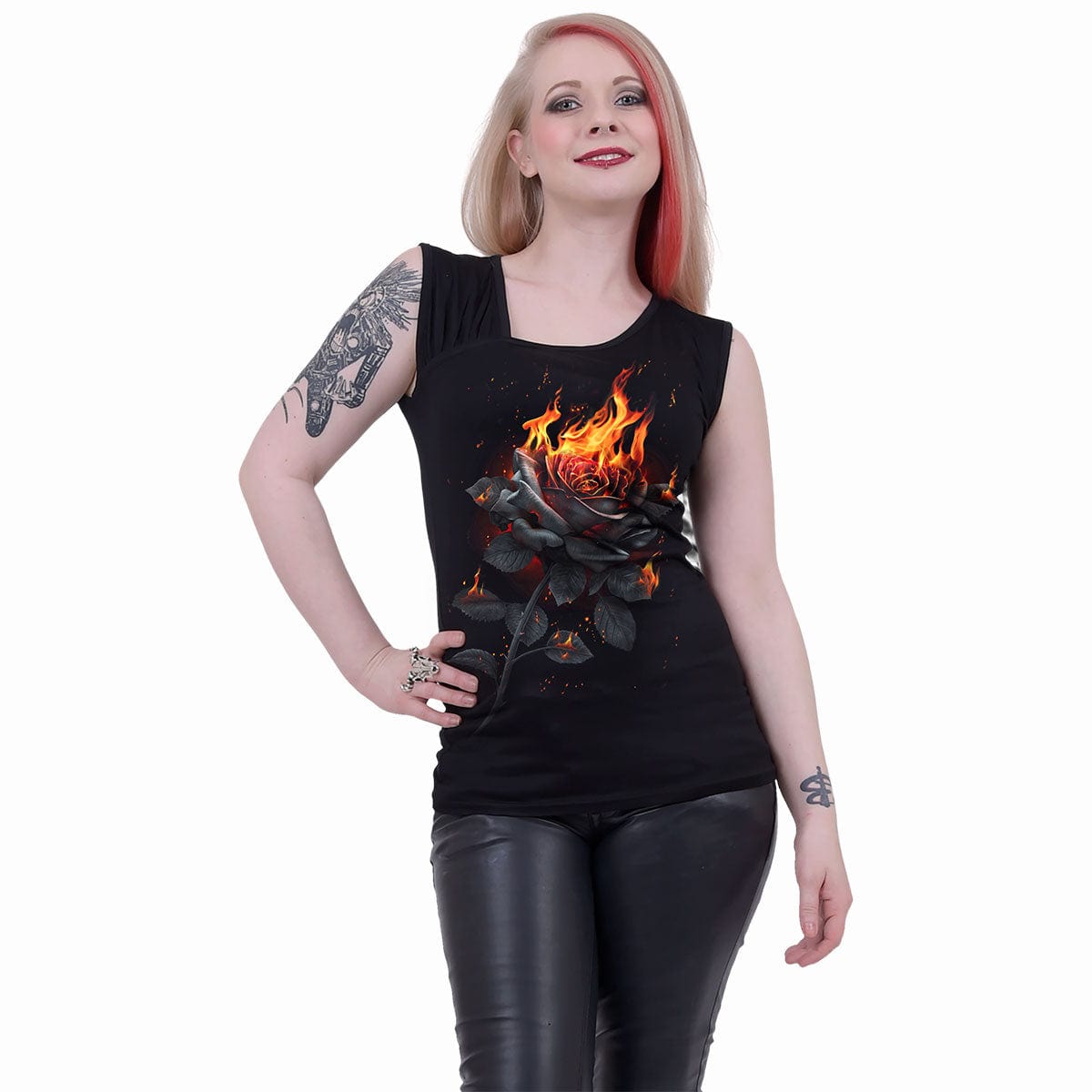 FLAMING ROSE - Gathered Shoulder Slant Vest Black - Spiral USA