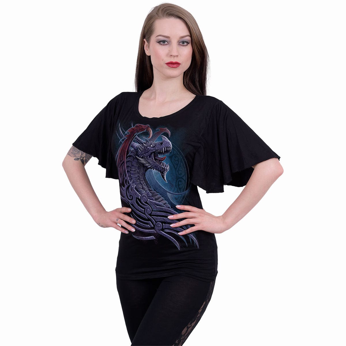 DRAGON BORNE - Boat Neck Bat Sleeve Top Black - Spiral USA