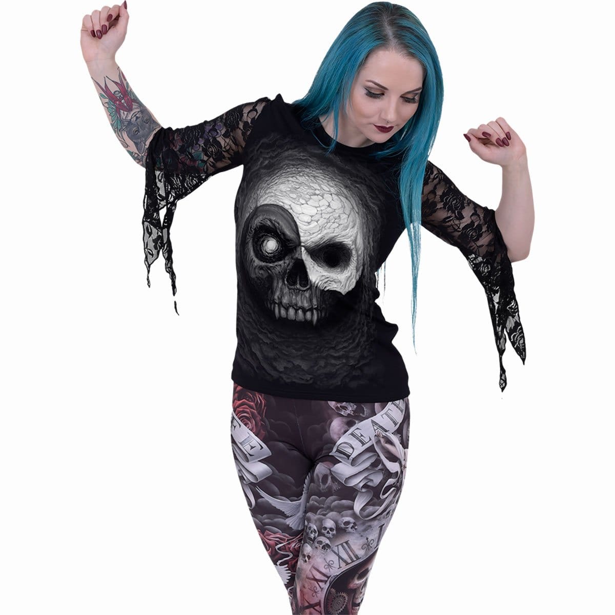 YIN YANG SKULLS - Rose Lace Sleeve Top - Spiral USA