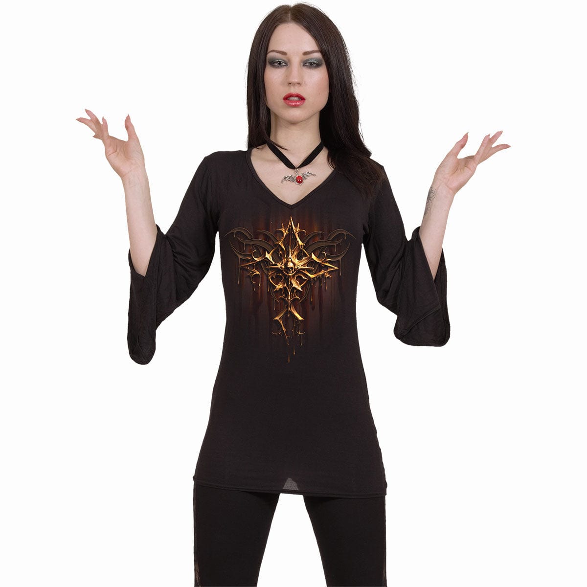 DRIPPING GOLD - V Neck Goth Sleeve Top Black - Spiral USA