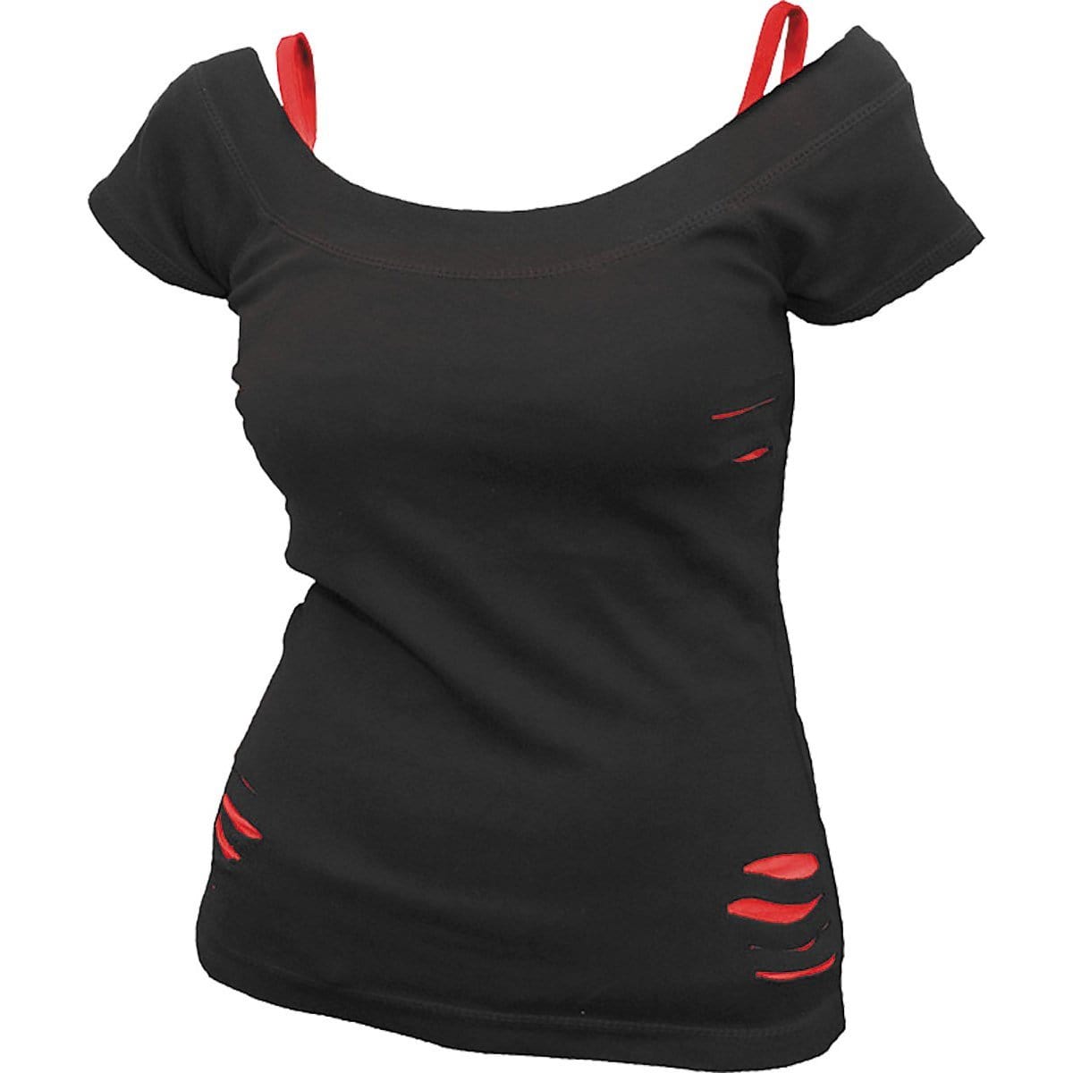 URBAN FASHION - 2in1 Red Ripped Black Top