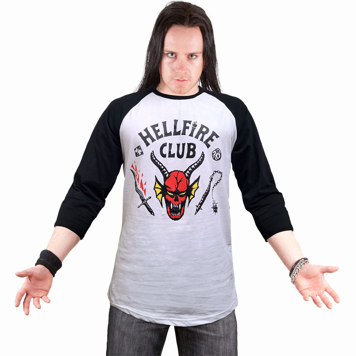 STRANGER THINGS 4 - HELLFIRE CLUB CREST - Raglan Contrast 3/4 Longsleeve Black & White - Spiral USA