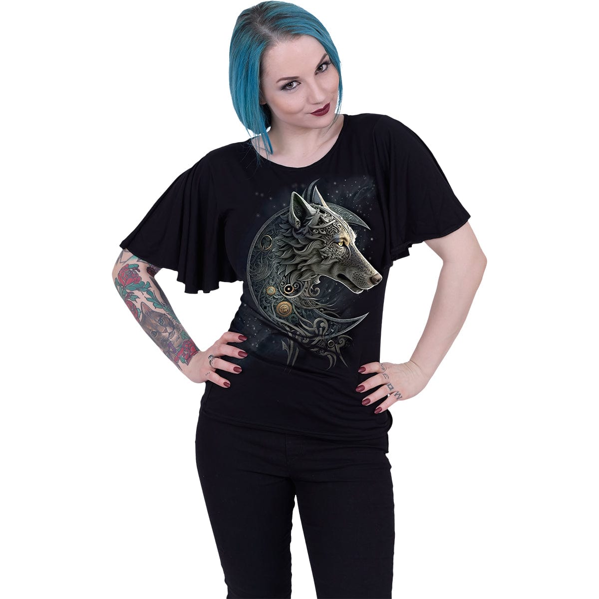 CELTIC WOLF - Boat Neck Bat Sleeve Top Black - Spiral USA