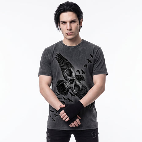 ACID CROW - Acid Wash Front Print T-Shirt