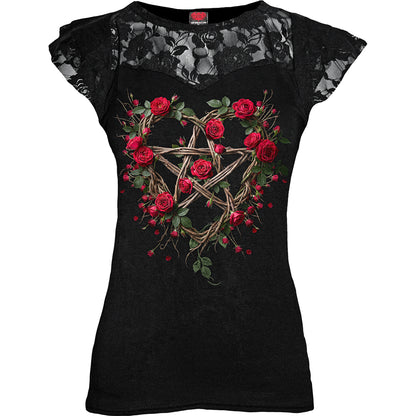 ROSE PENTAGRAM - Lace Layered Cap Sleeve Top Black