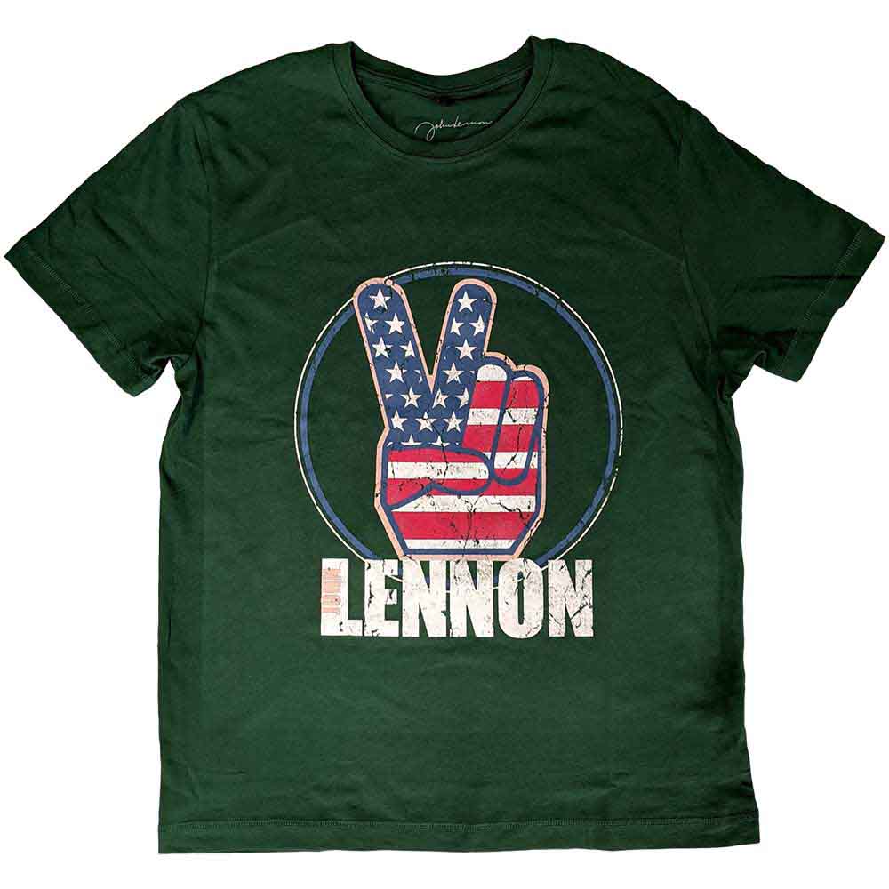 JOHN LENNON - PEACE FINGERS US FLAG - T-Shirt Green