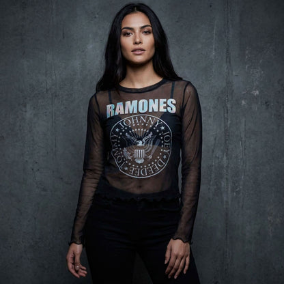 RAMONES - PRESIDENTIAL SEAL - Ladies Long Sleeve Crop Top Black