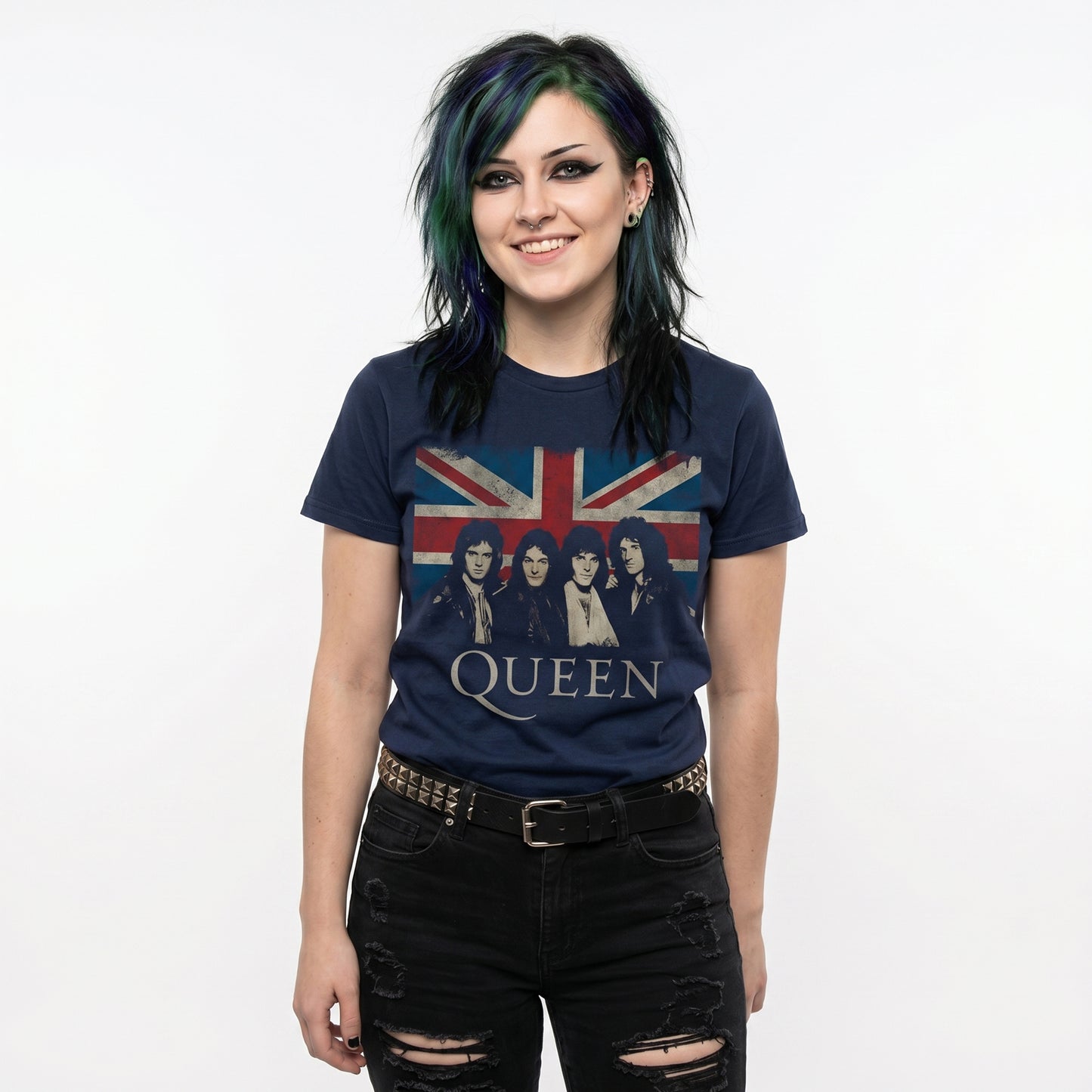 QUEEN - VINTAGE UNION JACK - Ladies T-Shirt Blue
