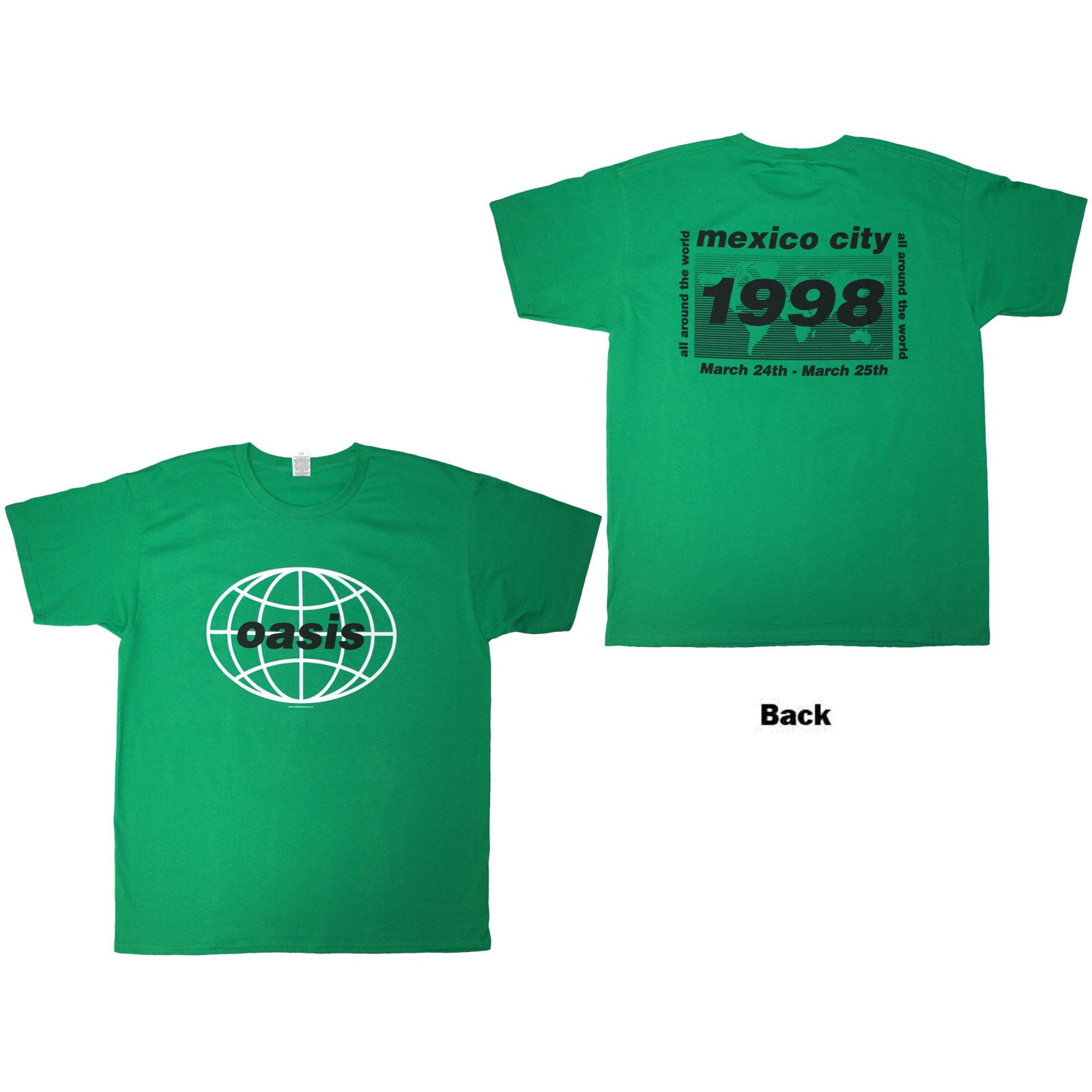 OASIS - 1998 WORLD TOUR - MEXICO CITY - T-Shirt Green (Back Print)