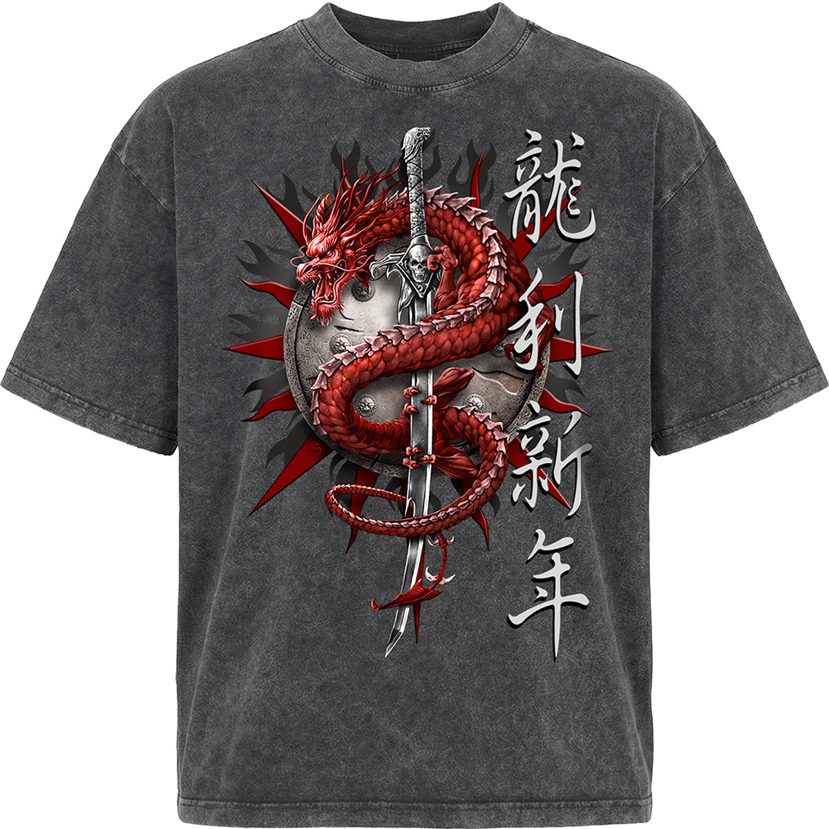 ORIENTAL DRAGON  - Box T-Shirt Acid Wash Charcoal