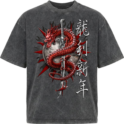 ORIENTAL DRAGON  - Box T-Shirt Acid Wash Charcoal