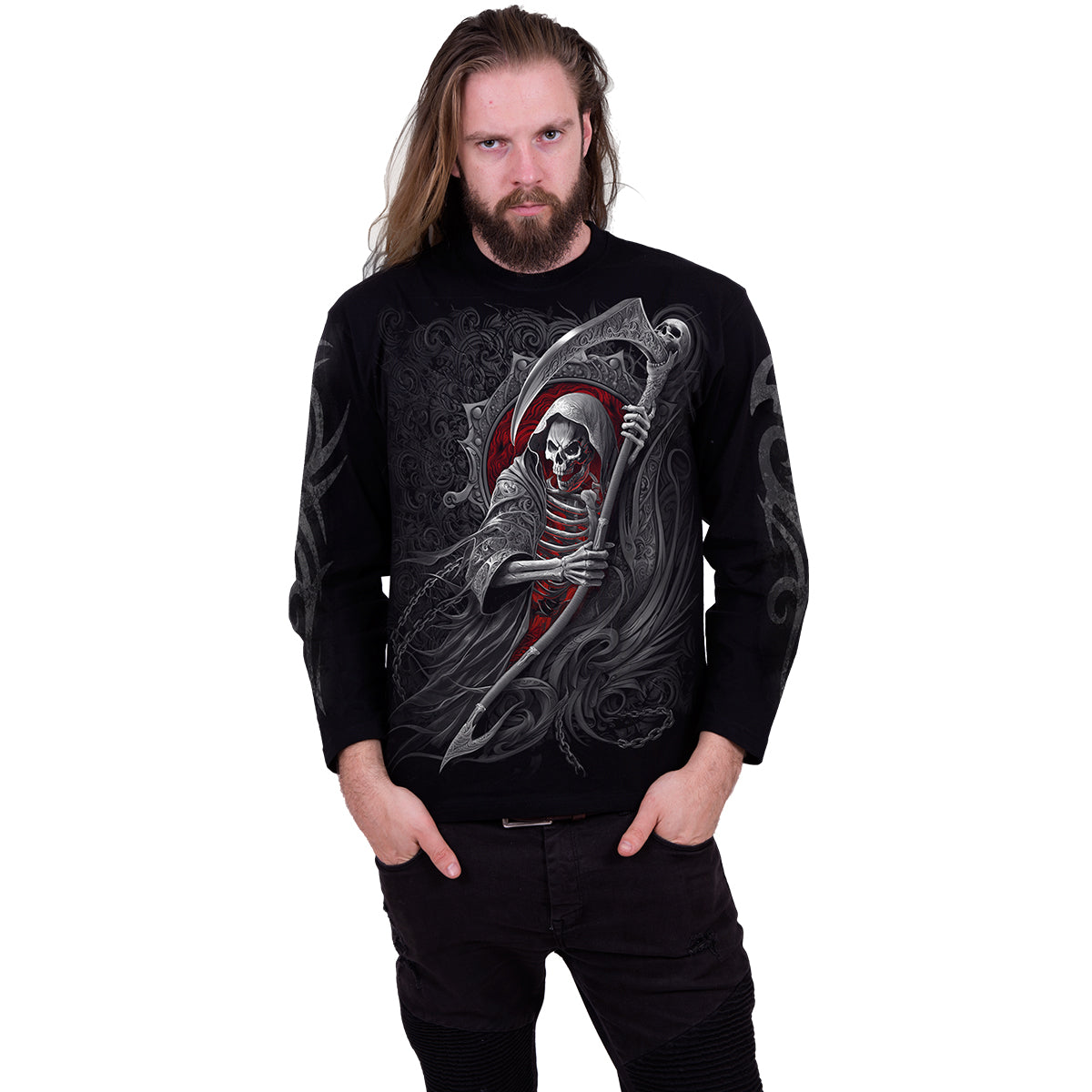 Spiral Reaper's Door Männer T-Shirt – Schwarz, Gothic Design, 100% Baumwolle, Regular Fit