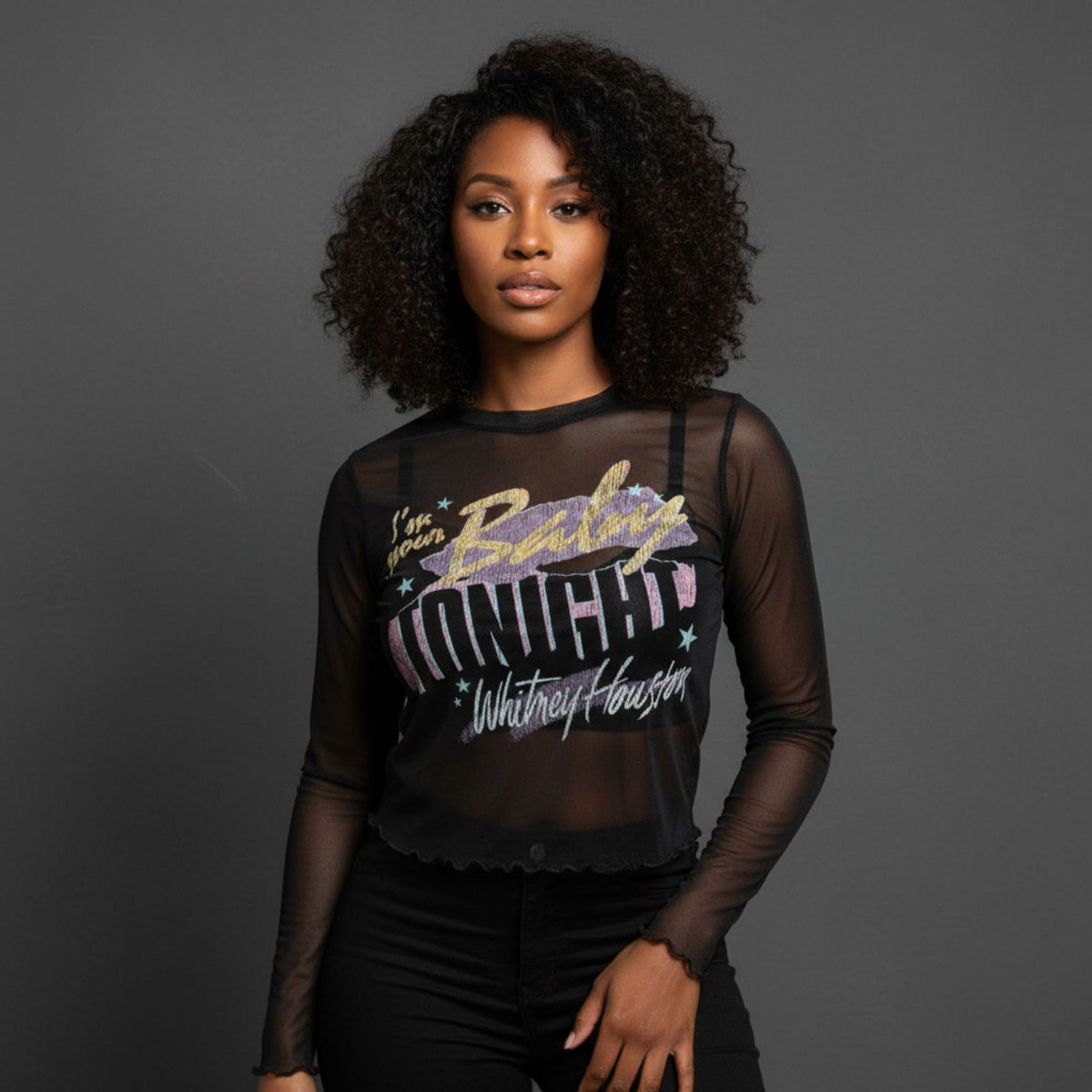 WHITNEY HOUSTON - I'M YOUR BABY - Ladies Long Sleeve Crop Top Black