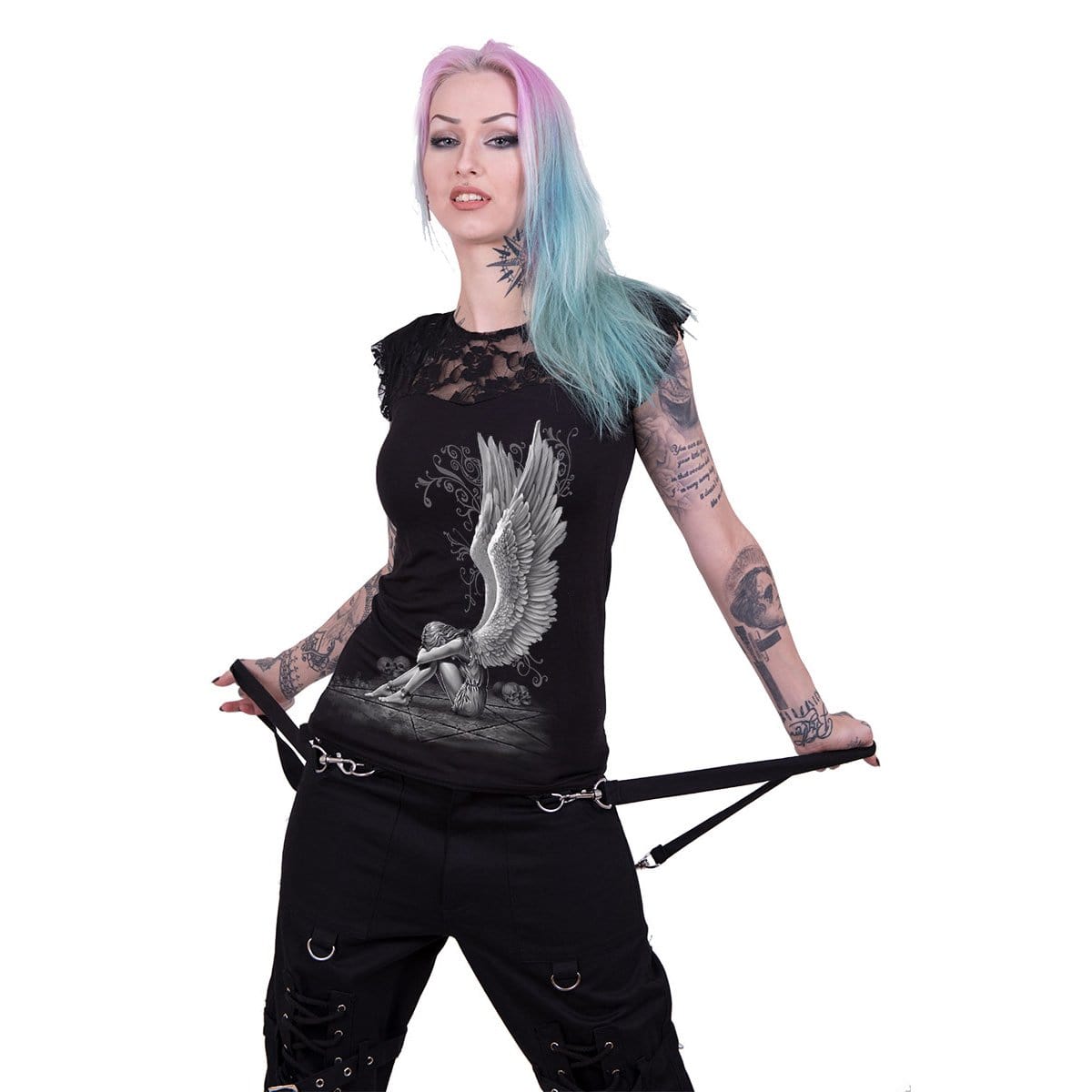 ENSLAVED ANGEL - Lace Layered Cap Sleeve Top Black - Spiral USA