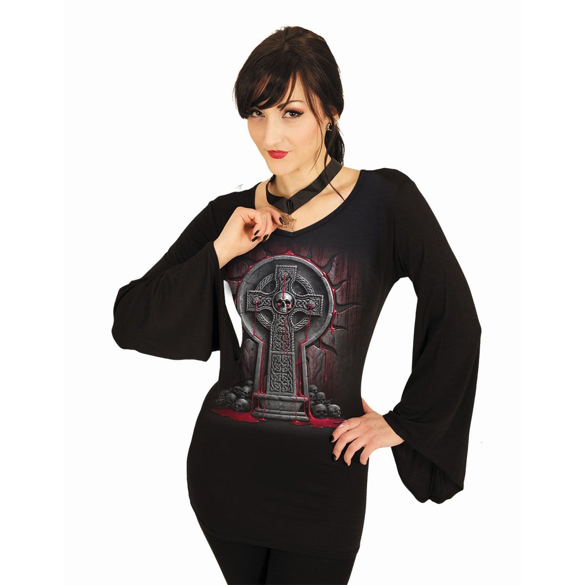 BLEEDING SOULS - V Neck Goth Sleeve Top Black - Spiral USA