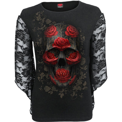 ORNATE SKULL - Rose Lace Sleeve Top - Spiral USA