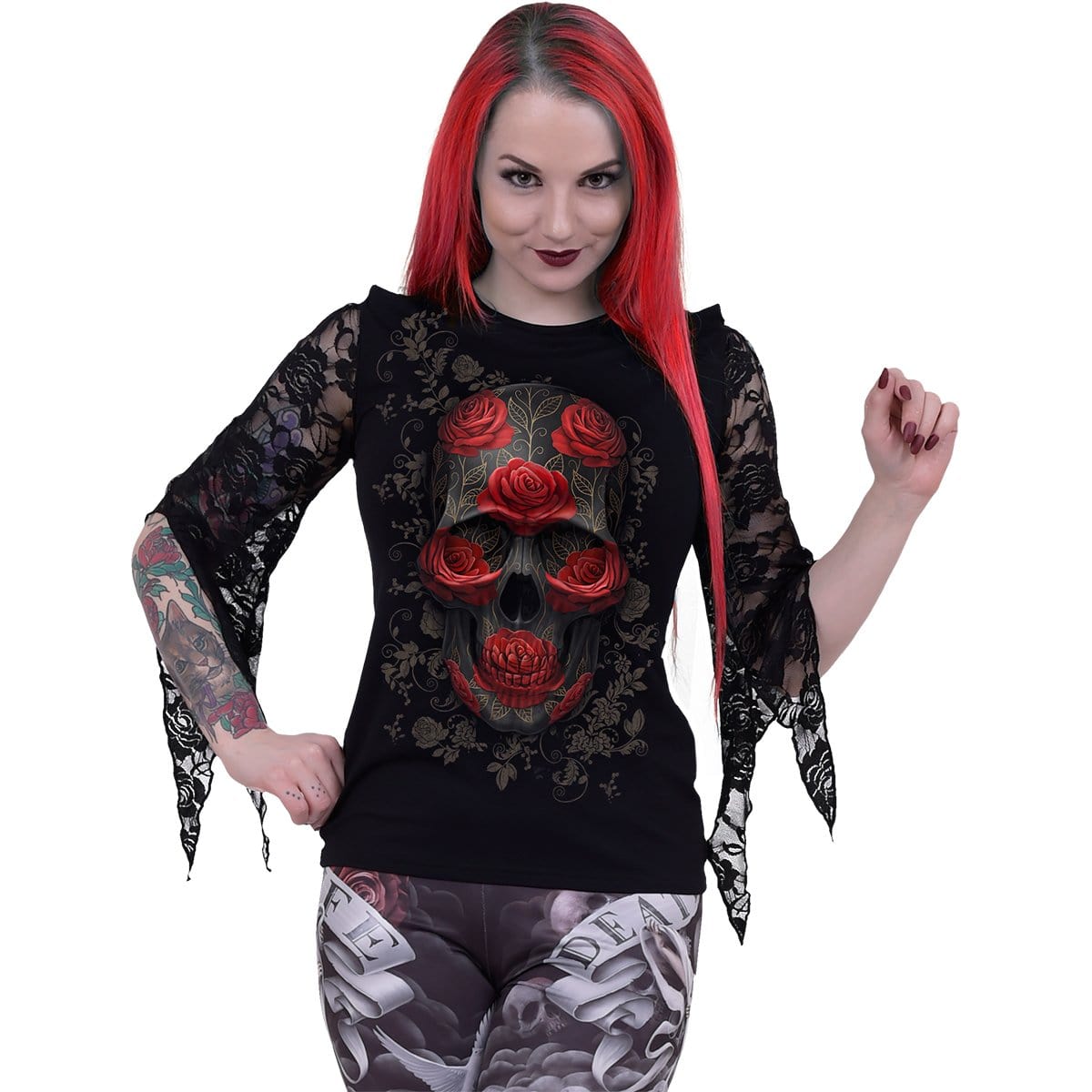 ORNATE SKULL - Rose Lace Sleeve Top - Spiral USA