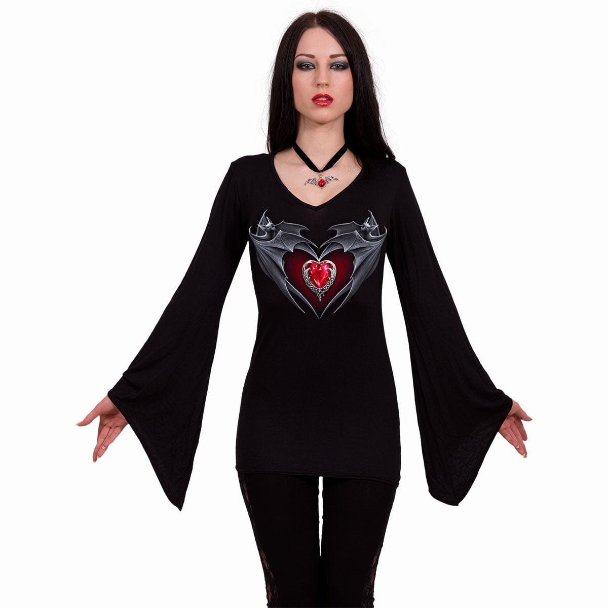 BAT'S HEART - V Neck Goth Sleeve Top Black - Spiral USA