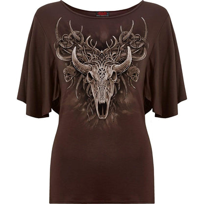 HORNED SPIRIT - Boat Neck Bat Sleeve Top Chocolate - Spiral USA