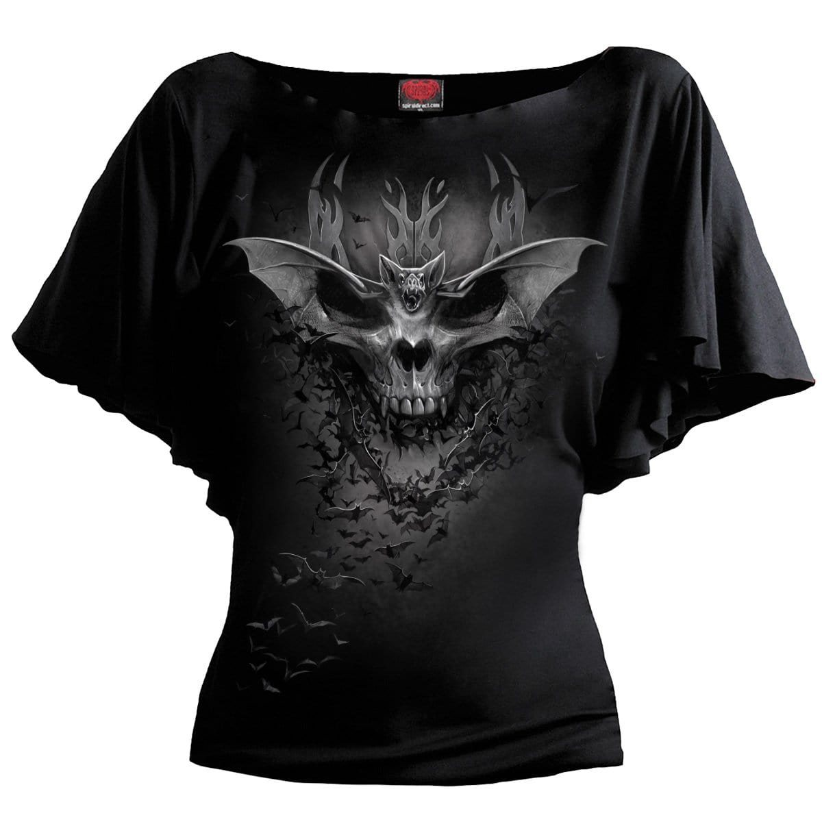 BAT SKULL - Boat Neck Bat Sleeve Top Black - Spiral USA