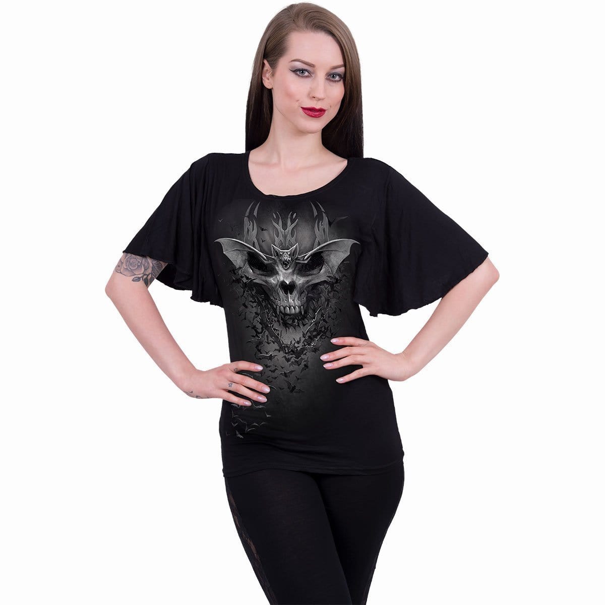 BAT SKULL - Boat Neck Bat Sleeve Top Black - Spiral USA