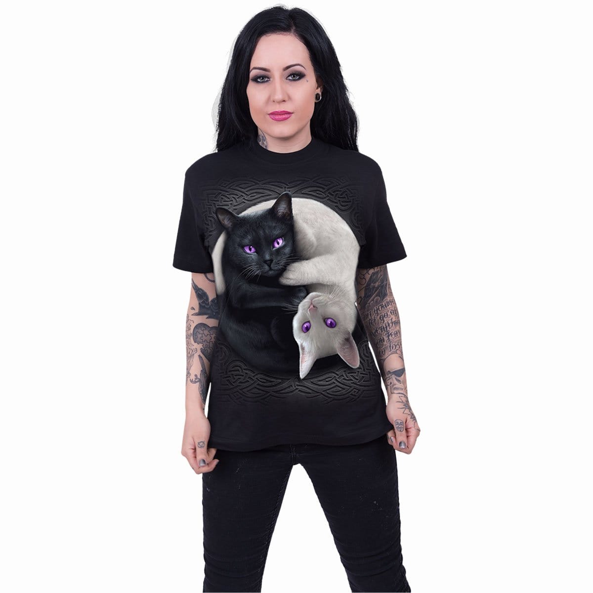 YIN YANG CATS - Front Print T-Shirt Black - Spiral USA