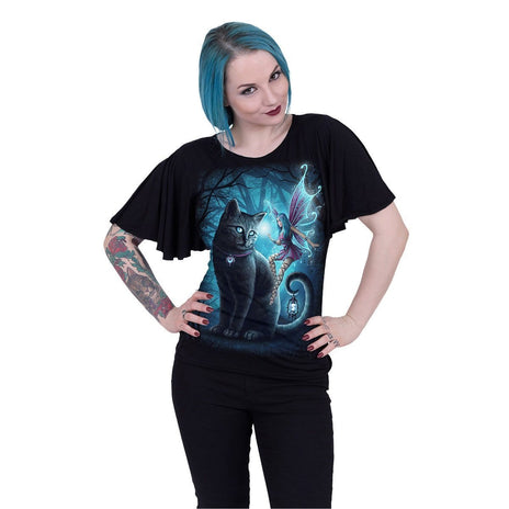 CAT AND FAIRY - Boat Neck Bat Sleeve Top Black