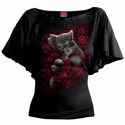 BED OF ROSES - Boat Neck Bat Sleeve Top Black – Spiral USA