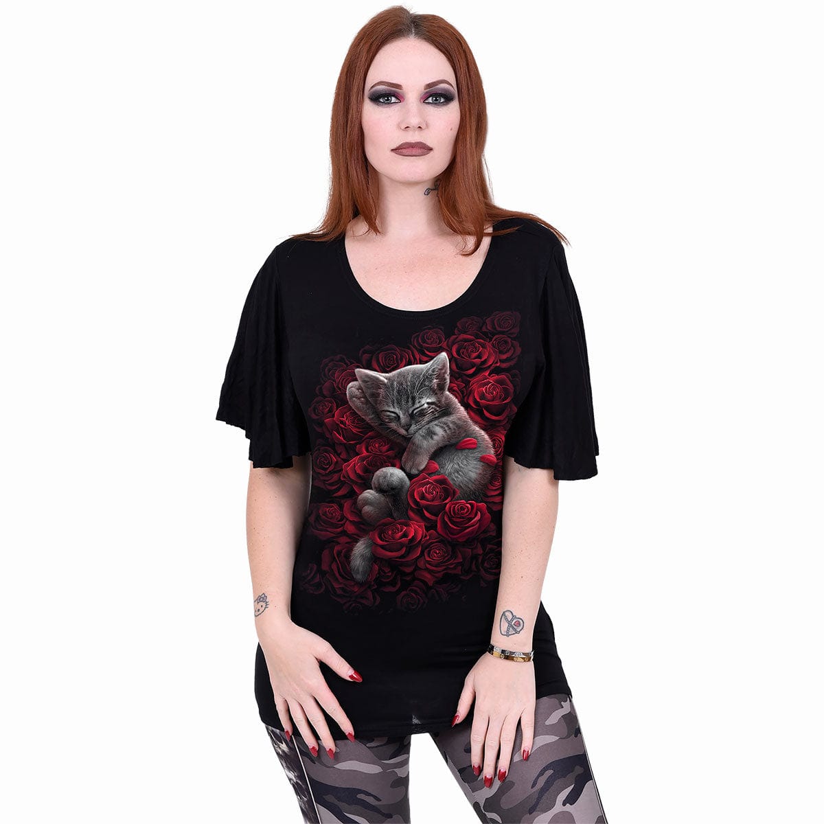 BED OF ROSES - Boat Neck Bat Sleeve Top Black - Spiral USA