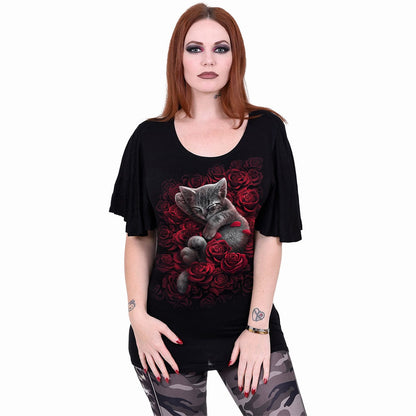 BED OF ROSES - Boat Neck Bat Sleeve Top Black - Spiral USA