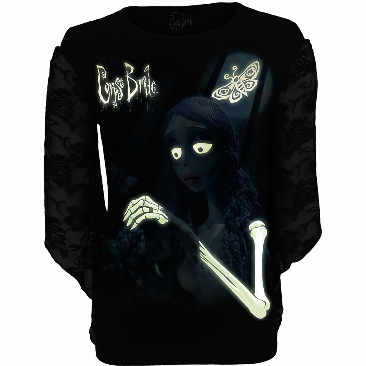 CORPSE BRIDE - GLOW IN THE DARK - Rose Lace Sleeve Top - Spiral USA