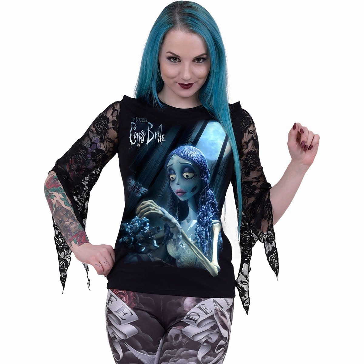 CORPSE BRIDE - GLOW IN THE DARK - Rose Lace Sleeve Top - Spiral USA