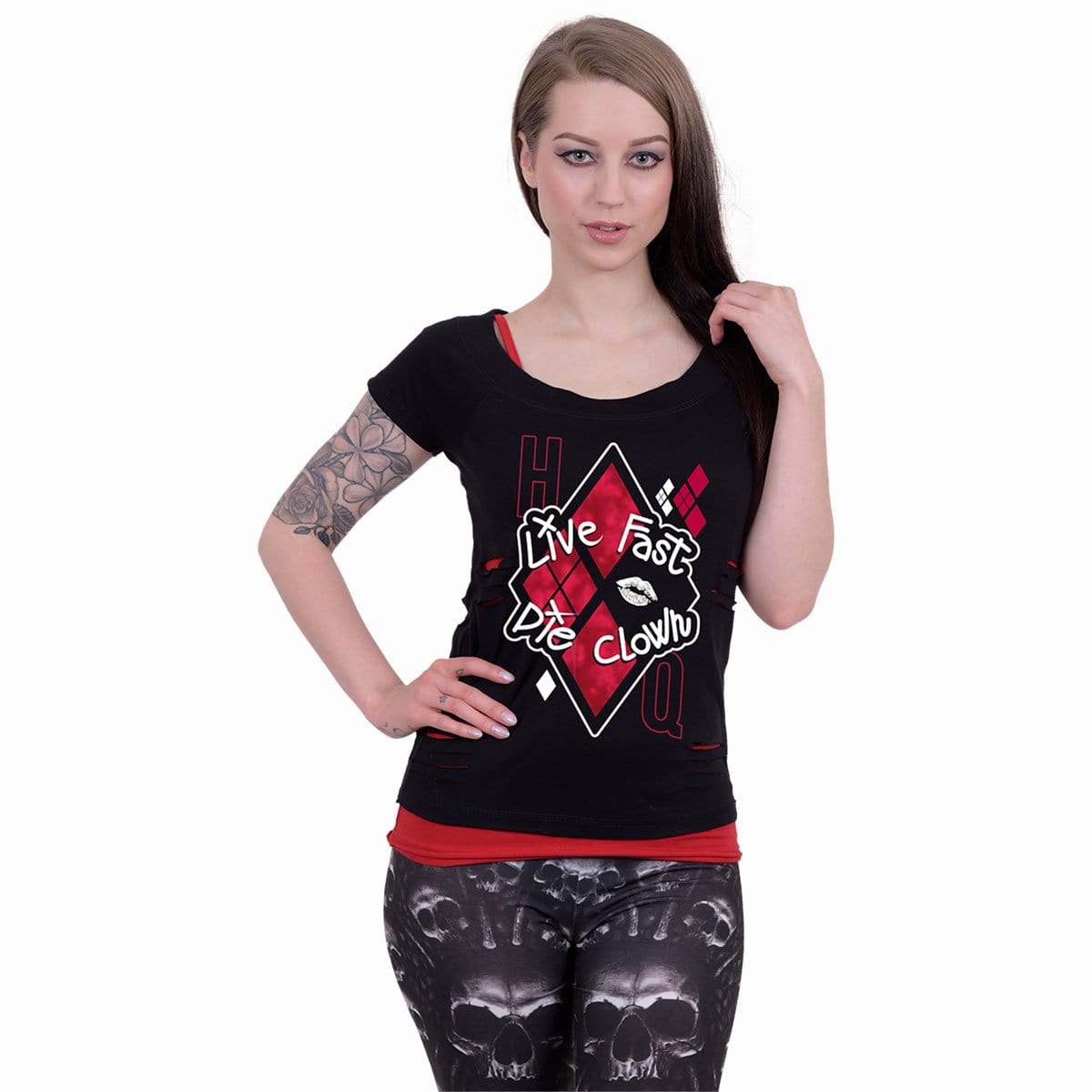 HARLEY QUINN - DIE CLOWN - 2in1 Red Ripped Top Black - Spiral USA