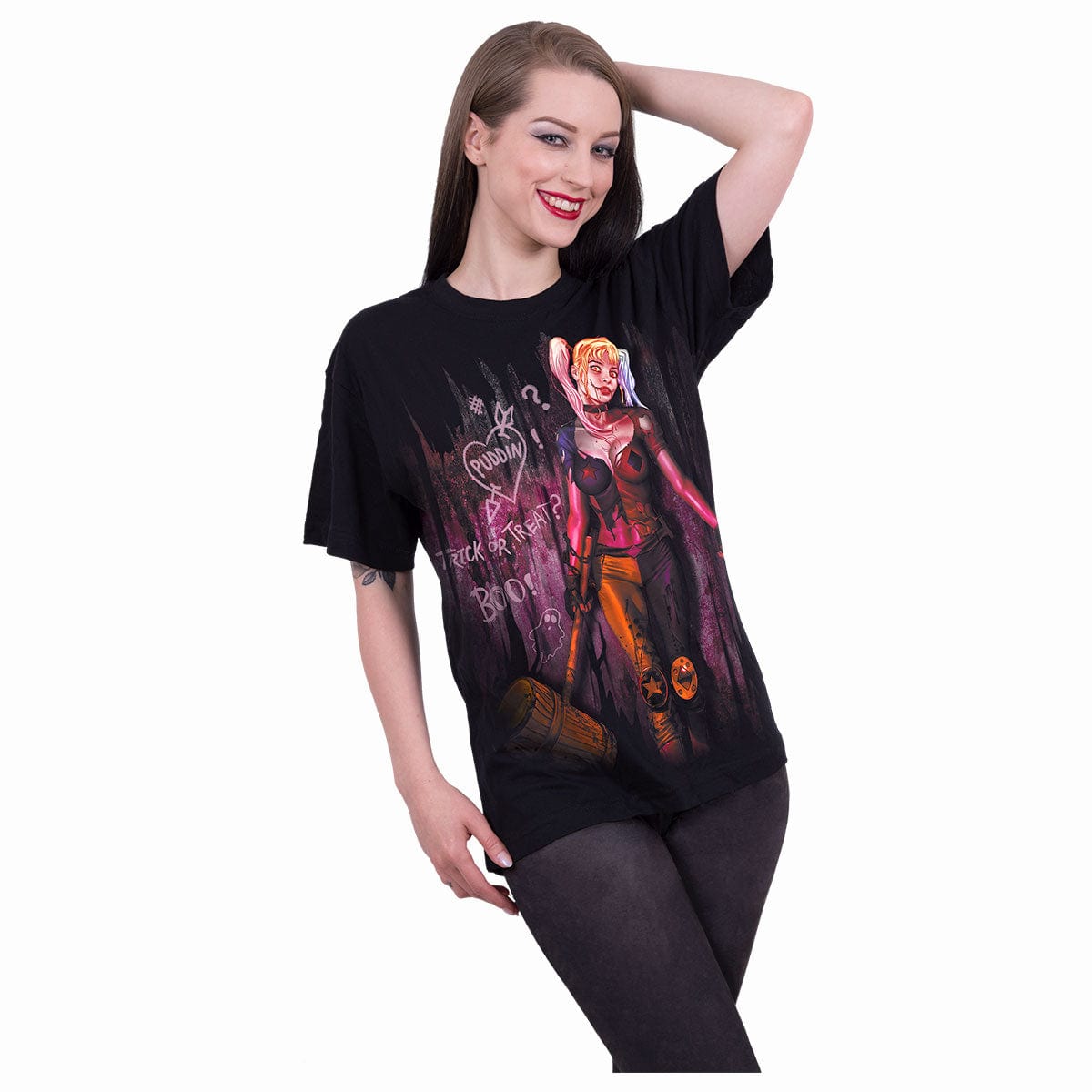 HARLEY QUINN - TRICK OR TREAT - Front Print T-Shirt Black - Spiral USA