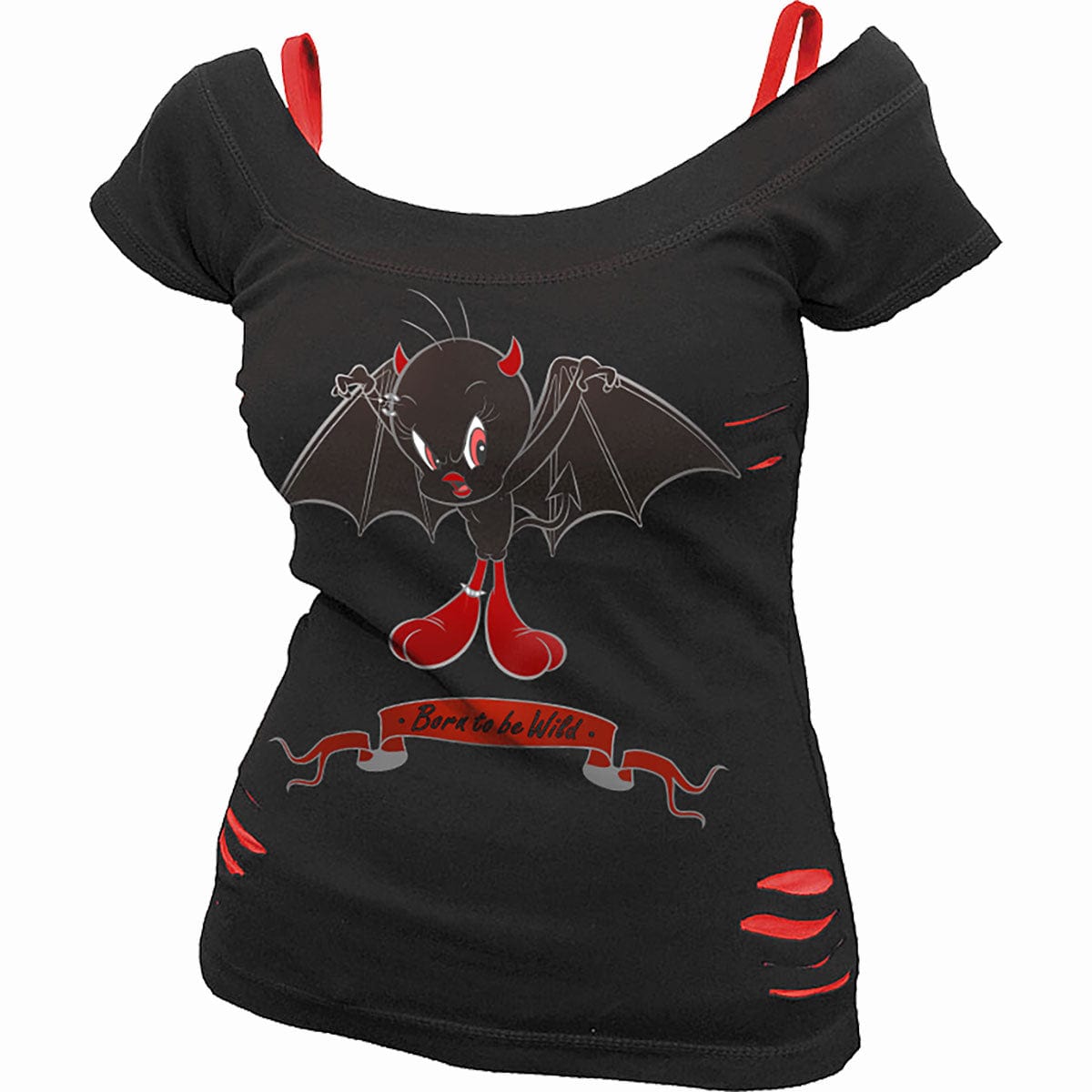 TWEETY - BORN TO BE WILD - 2in1 Red Ripped Top Black