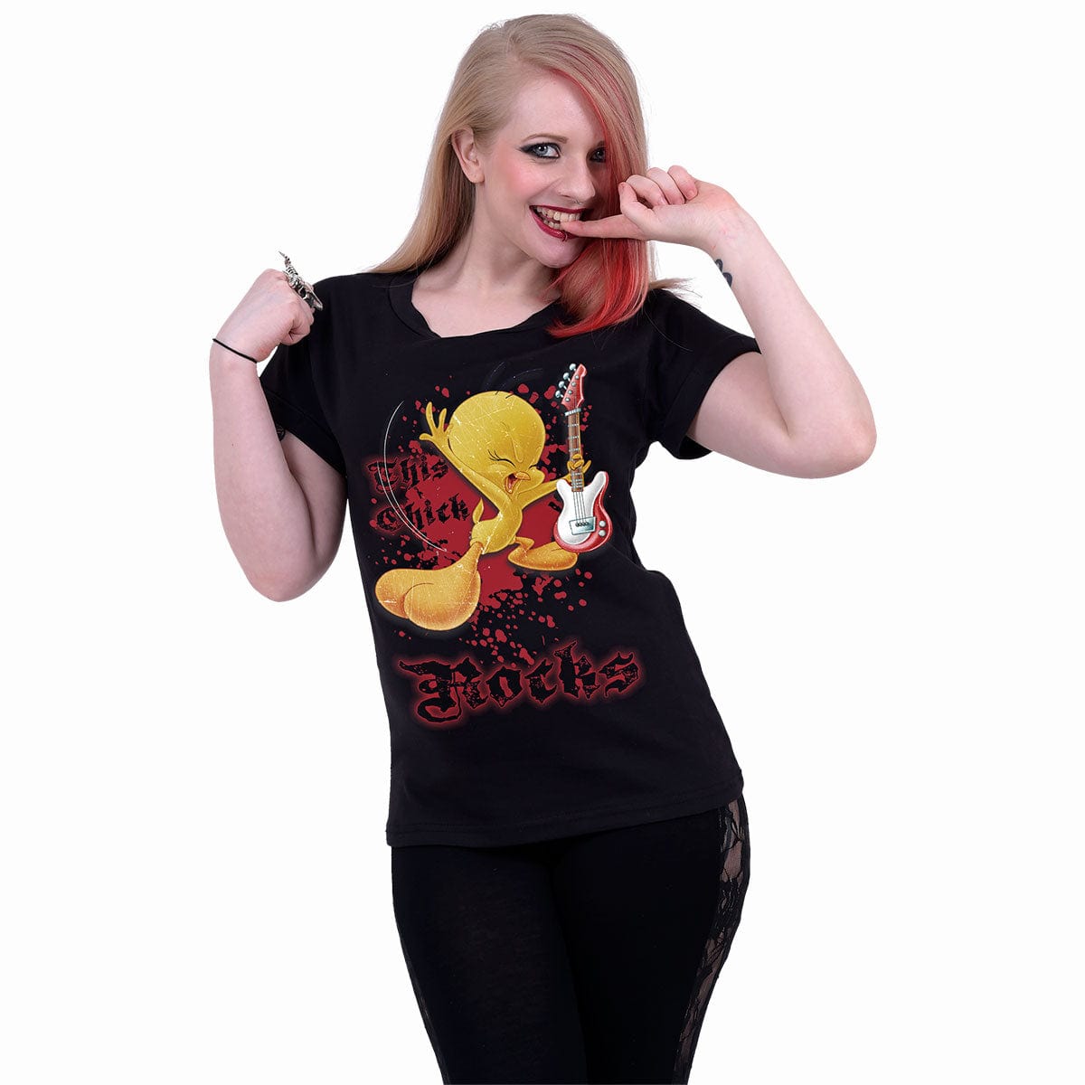 TWEETY - THIS CHICK ROCKS - Boatneck Cap Sleeve Top Black - Spiral USA