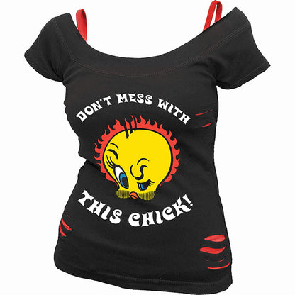 TWEETY - TOUGH CHICK - 2in1 Red Ripped Top Black