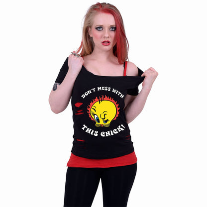 TWEETY - TOUGH CHICK - 2in1 Red Ripped Top Black - Spiral USA