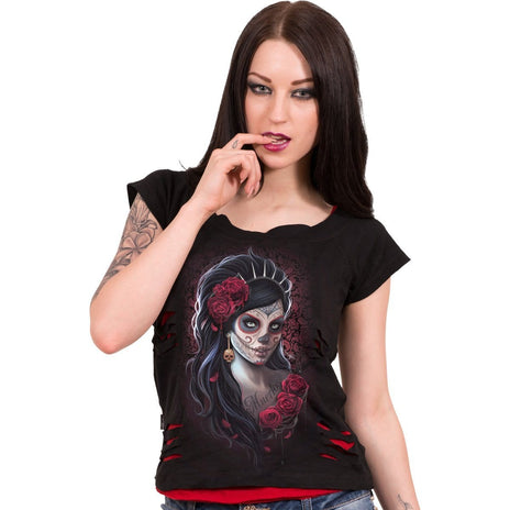 DAY OF THE DEAD - 2in1 Red Ripped Top Black